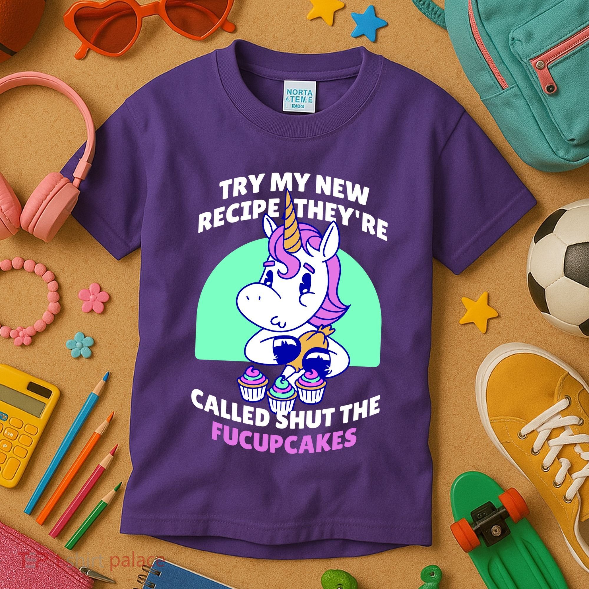 Try My Recipe Shut the Fucupcakes Funny Unicorn Kids T-Shirt