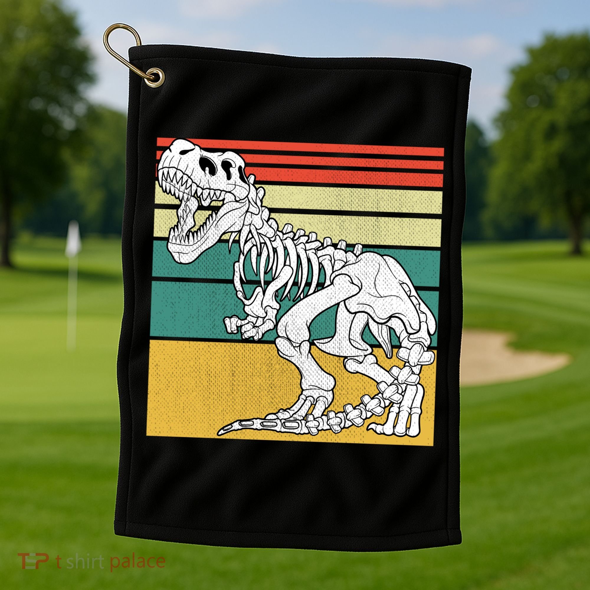 TRex Skeleton Dinosaur Retro Sunset Funny TRex Great Gift Golf Towel