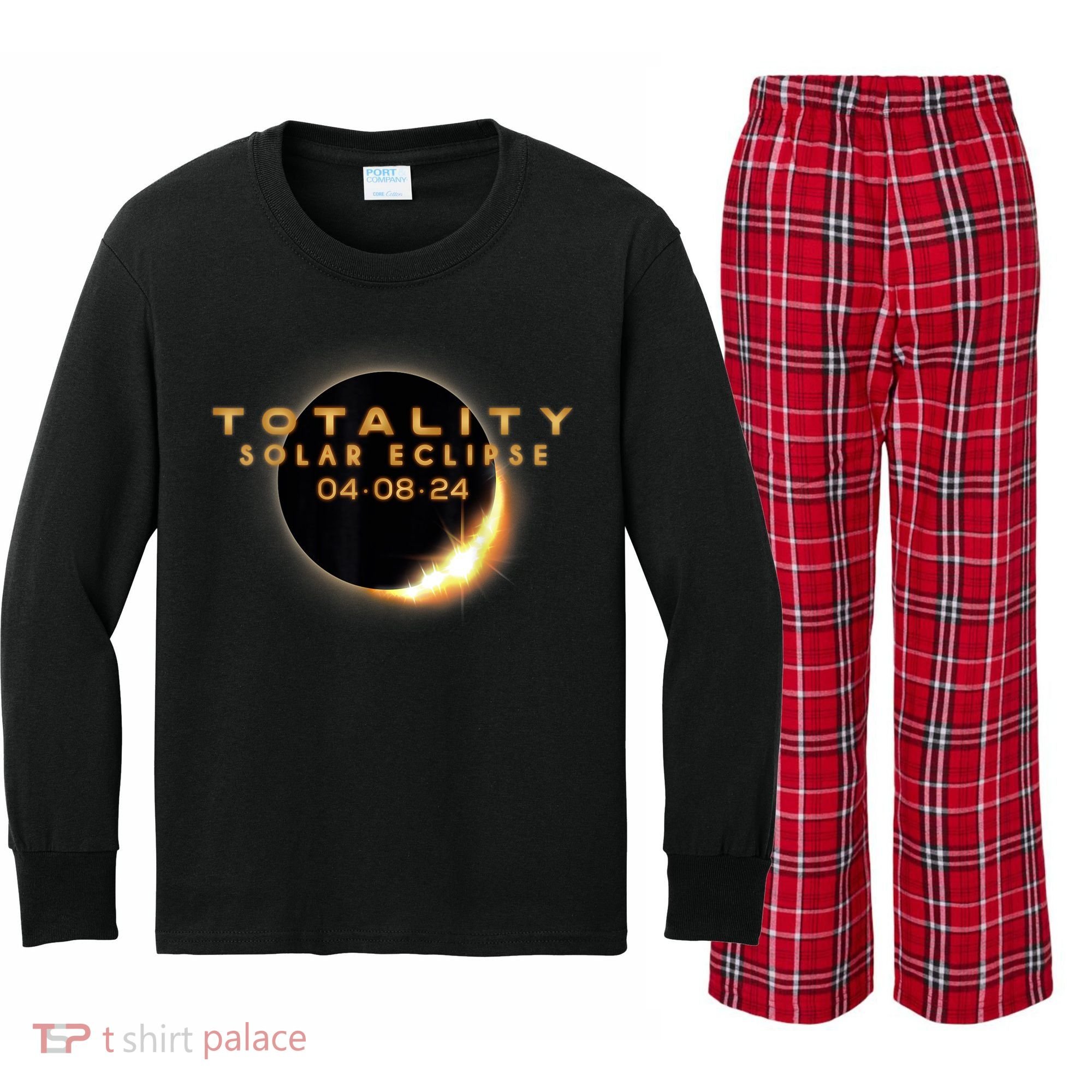 Total Solar Eclipse 04.08.2024 Totality Kids Long Sleeve Plaid Pajama Set