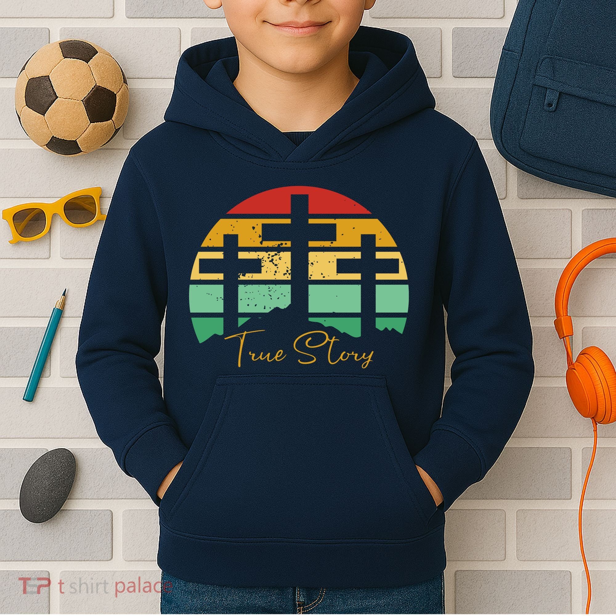 True Story Easter Cross Retro Sunset Kids Hoodie