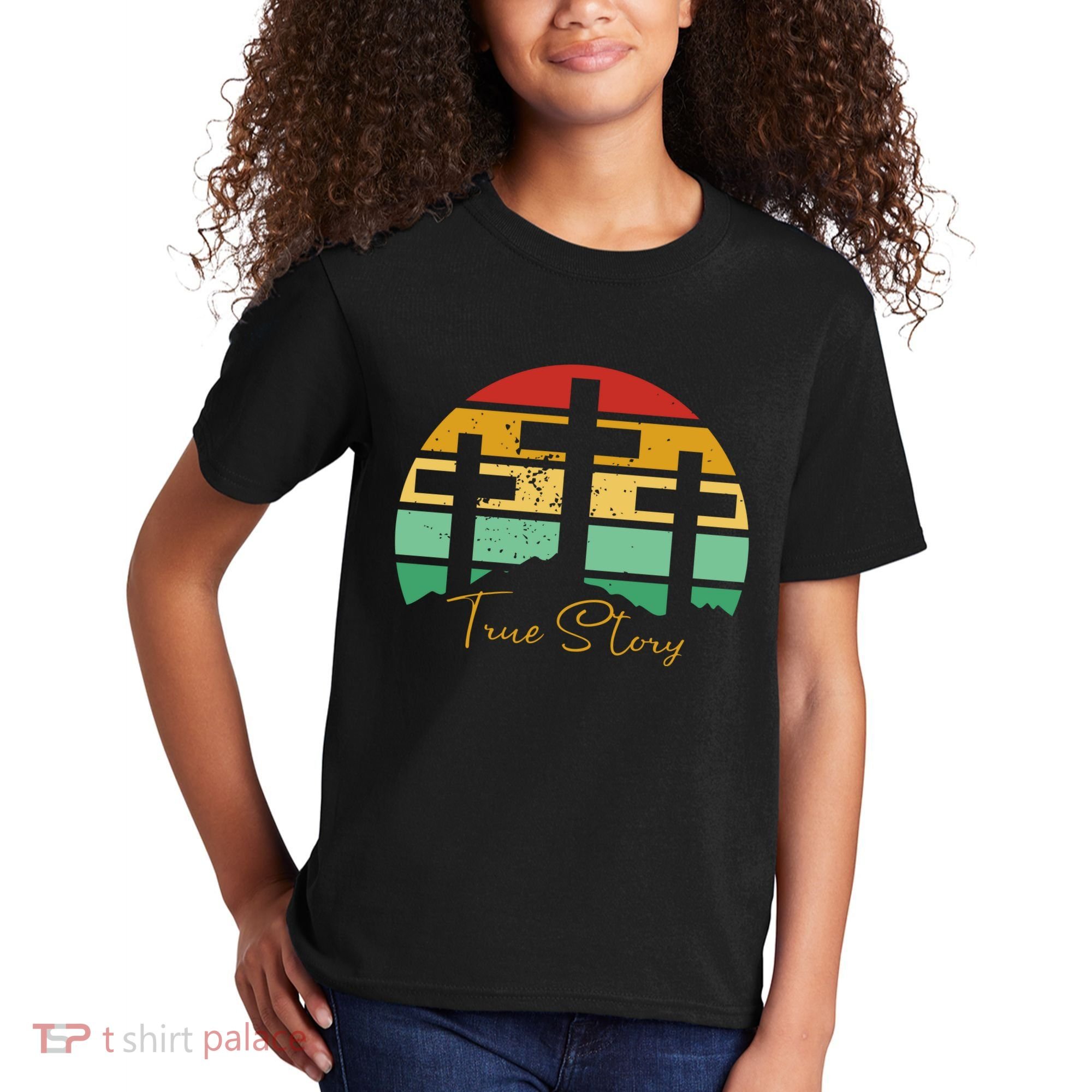 True Story Easter Cross Retro Sunset Kids T-Shirt