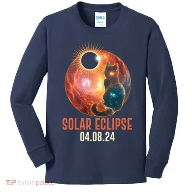 Total Solar Eclipse Galaxy Space Cat Kids Long Sleeve Shirt