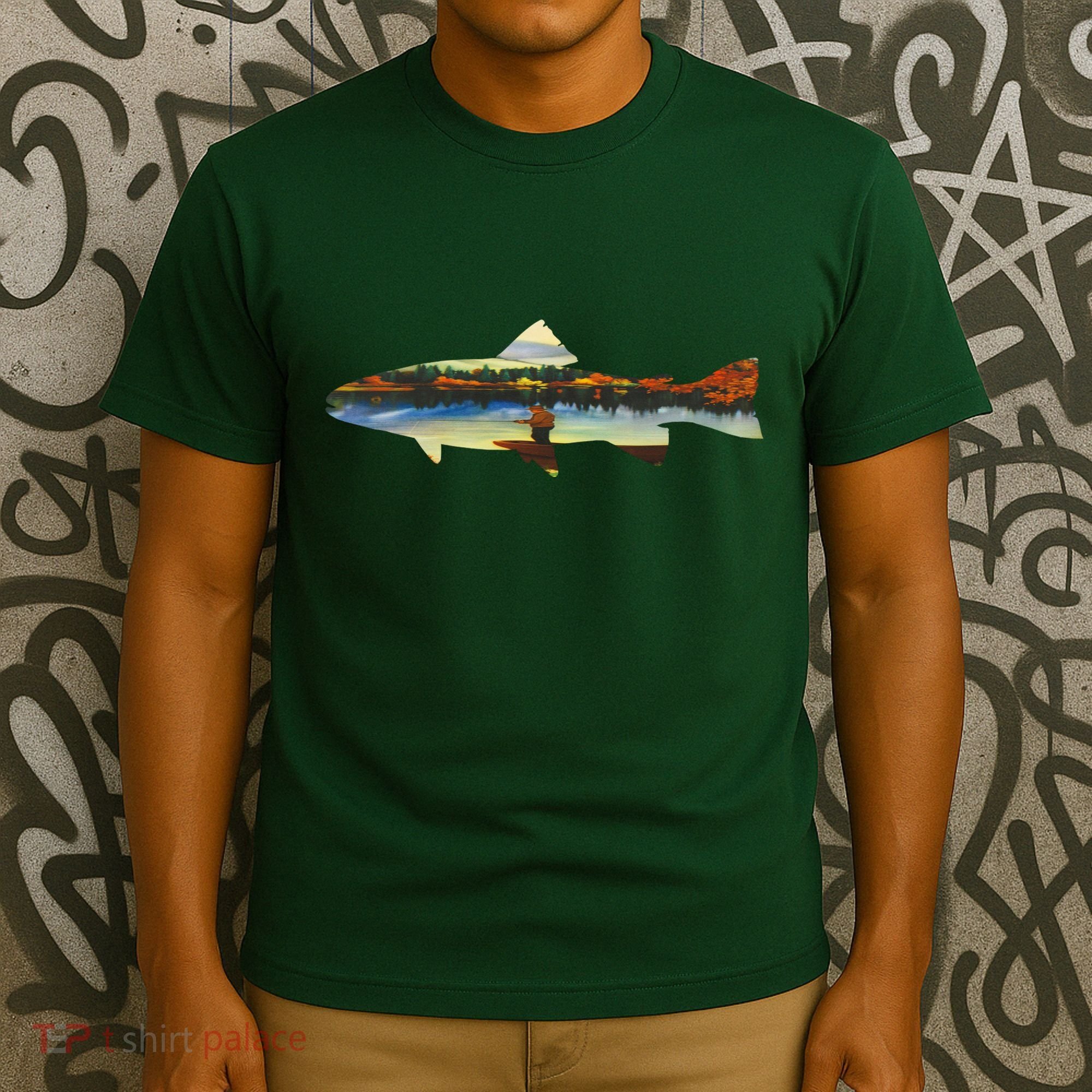 Trout Silhouette Fly Fishing Sunset Lake T-Shirt