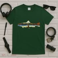 Trout Silhouette Fly Fishing Sunset Lake T-Shirt thumb 5