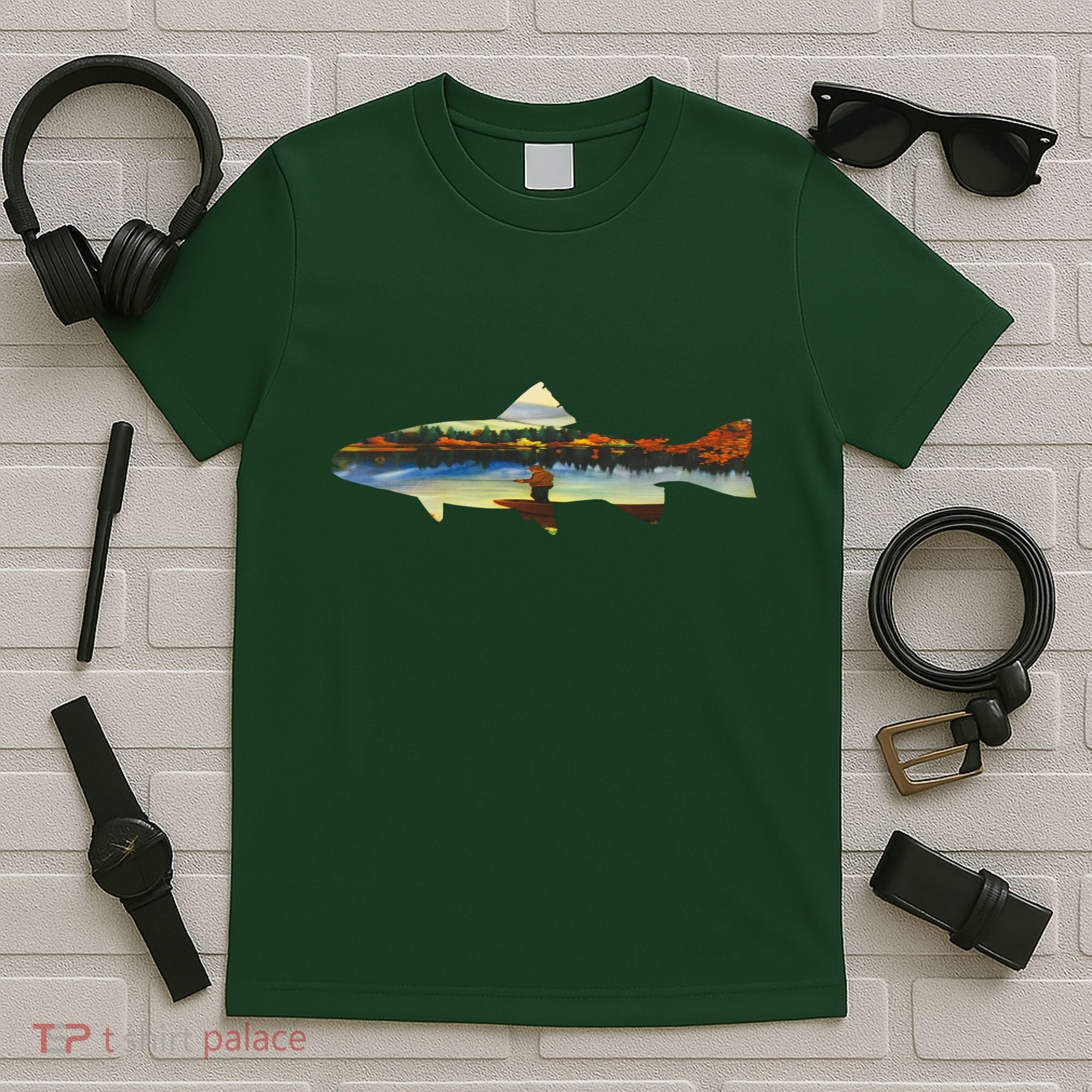Trout Silhouette Fly Fishing Sunset Lake T-Shirt