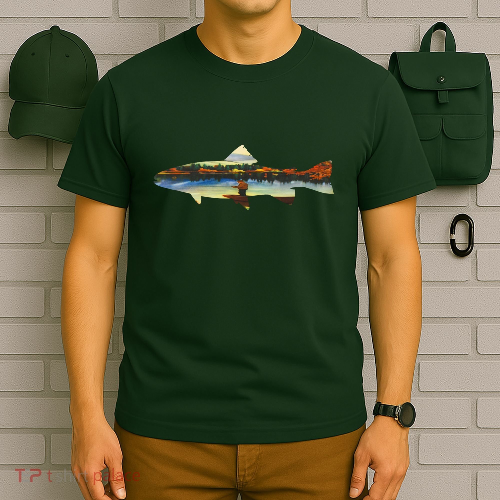 Trout Silhouette Fly Fishing Sunset Lake T-Shirt