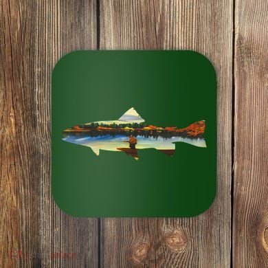 Trout Silhouette Fly Fishing Sunset Lake Coaster