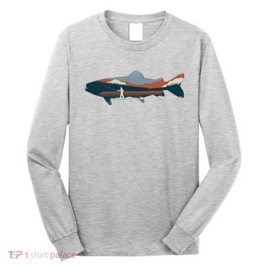 Trout Silhouette Fly Fishing Mountain Sunset Long Sleeve Shirt