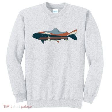 Trout Silhouette Fly Fishing Mountain Sunset Sweatshirt