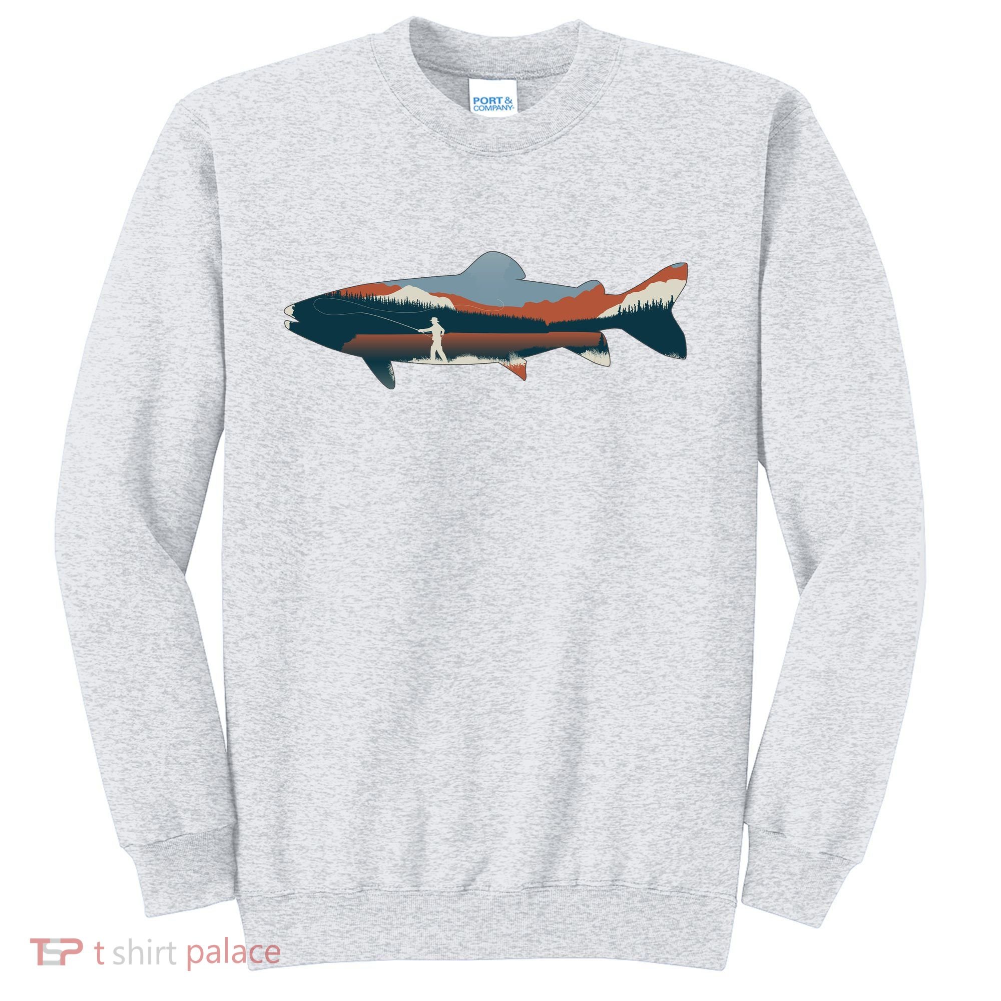 Trout Silhouette Fly Fishing Mountain Sunset Sweatshirt