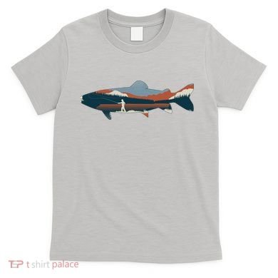 Trout Silhouette Fly Fishing Mountain Sunset T-Shirt