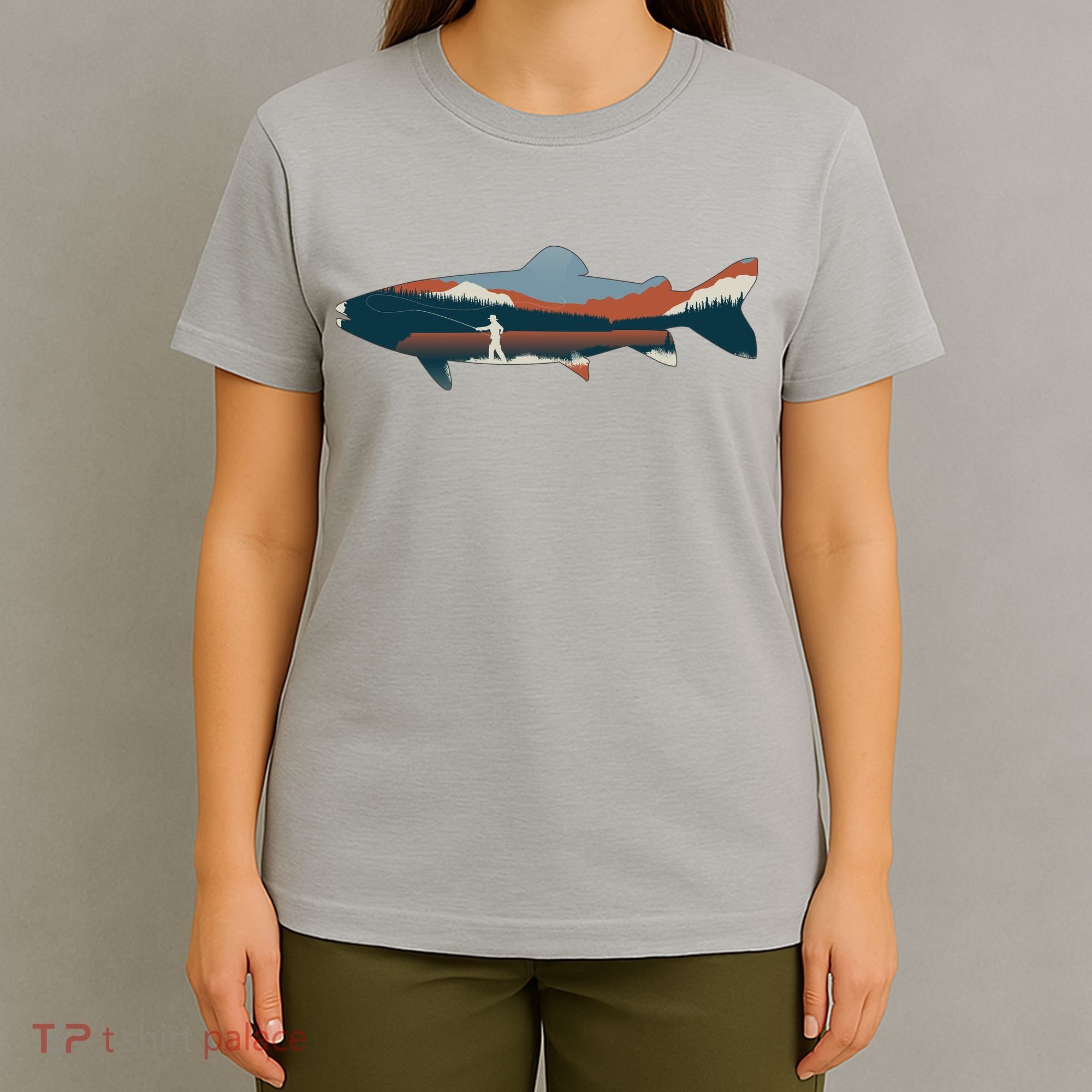 Trout Silhouette Fly Fishing Mountain Sunset T-Shirt