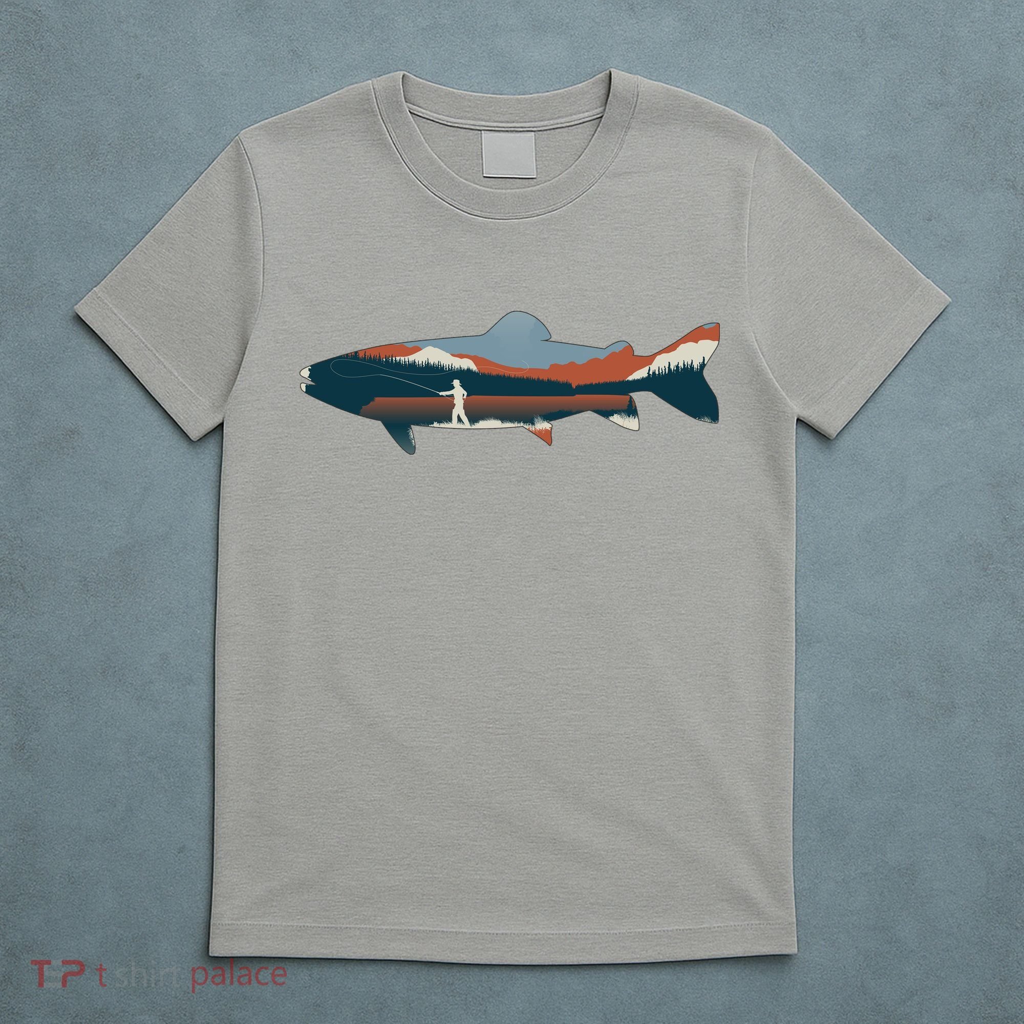 Trout Silhouette Fly Fishing Mountain Sunset T-Shirt