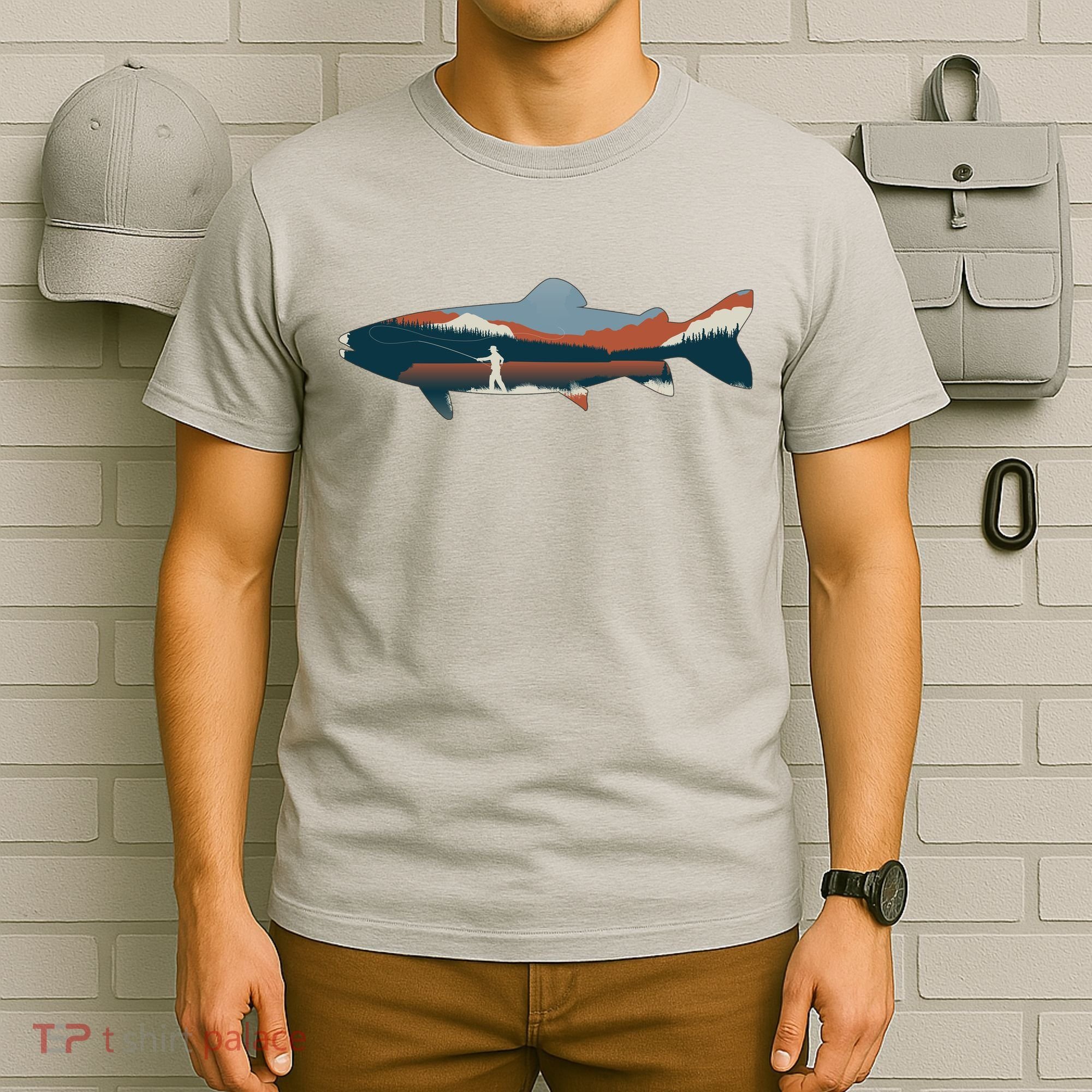 Trout Silhouette Fly Fishing Mountain Sunset T-Shirt