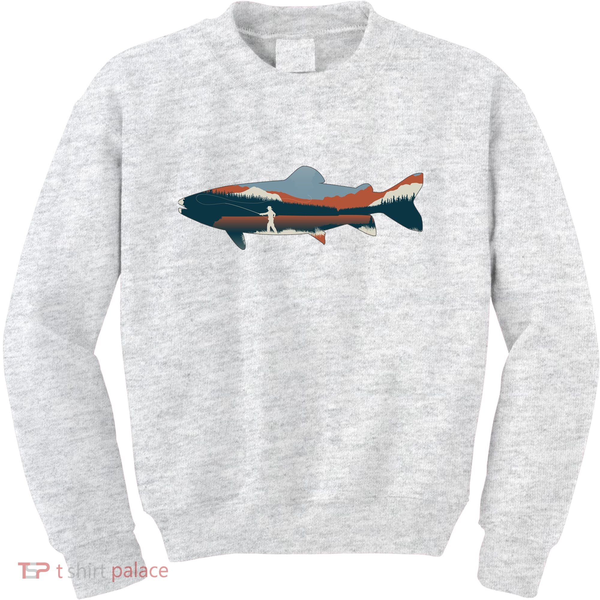 Trout Silhouette Fly Fishing Mountain Sunset Kids Sweatshirt