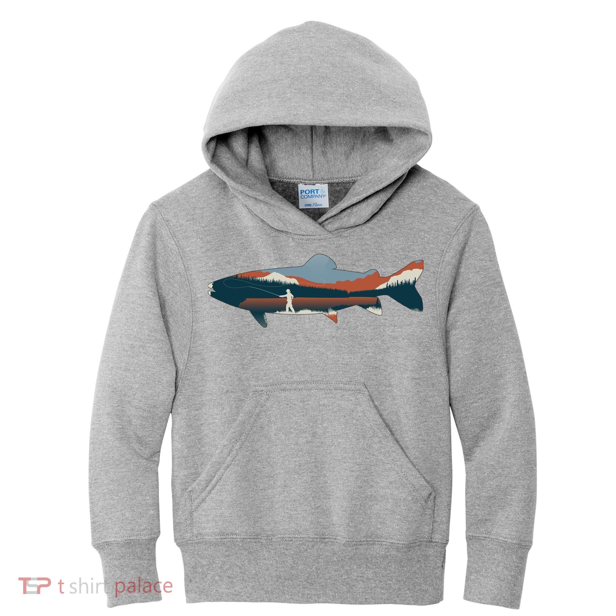 Trout Silhouette Fly Fishing Mountain Sunset Kids Hoodie