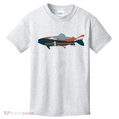 Trout Silhouette Fly Fishing Mountain Sunset Kids T-Shirt