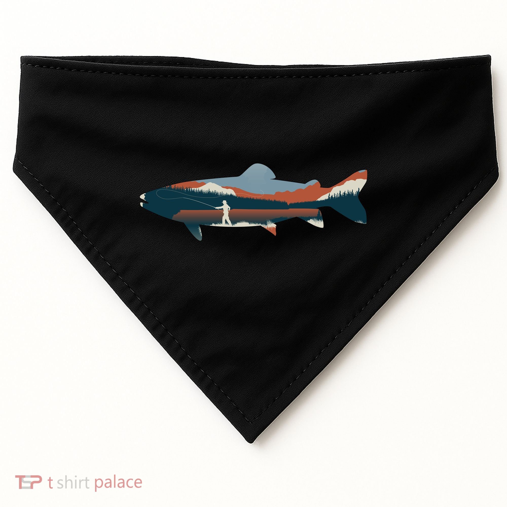 Trout Silhouette Fly Fishing Mountain Sunset USA-Made Doggie Bandana