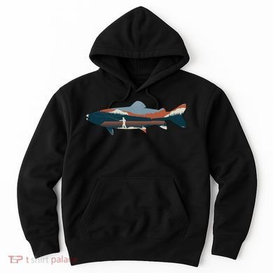 Trout Silhouette Fly Fishing Mountain Sunset Hoodie