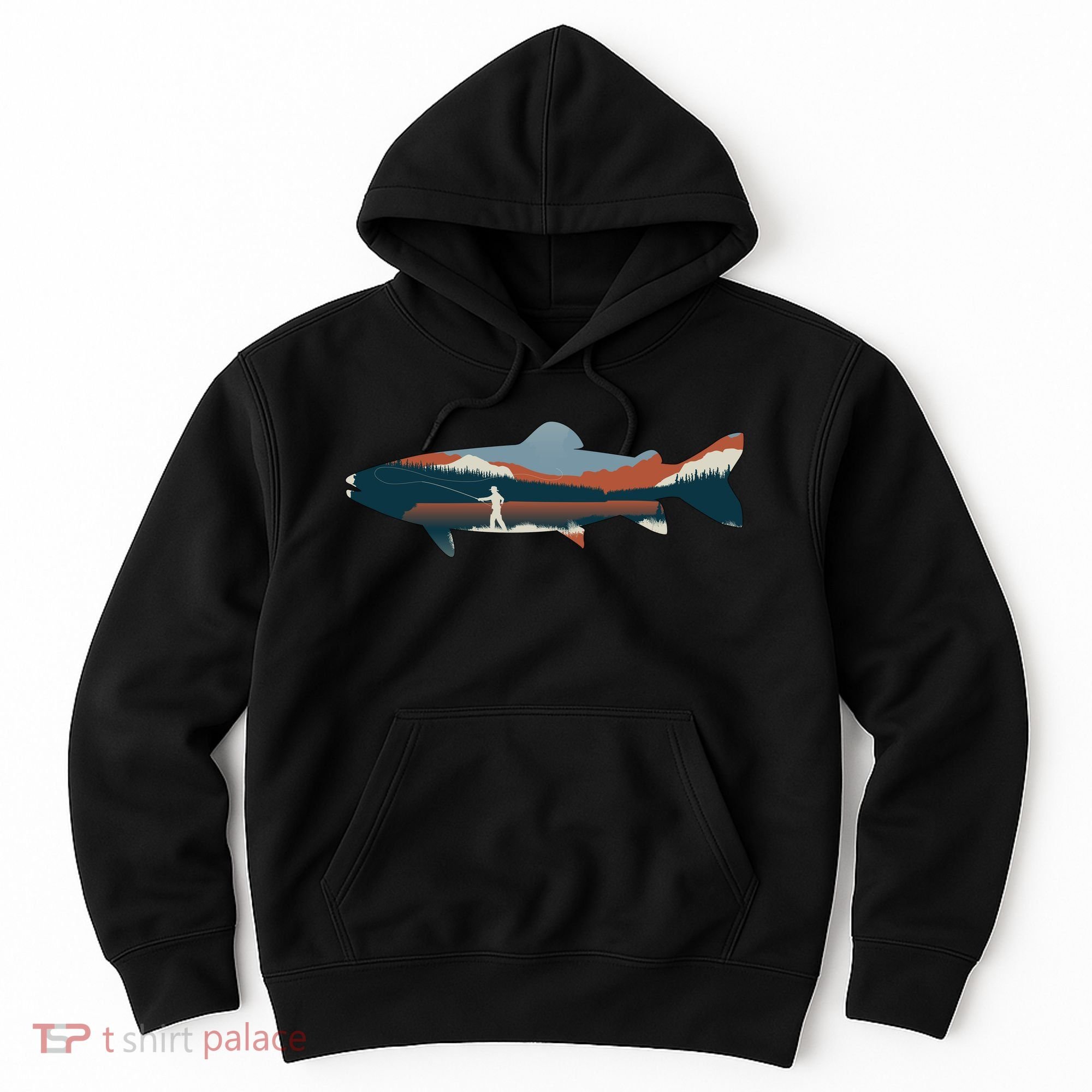 Trout Silhouette Fly Fishing Mountain Sunset Hoodie