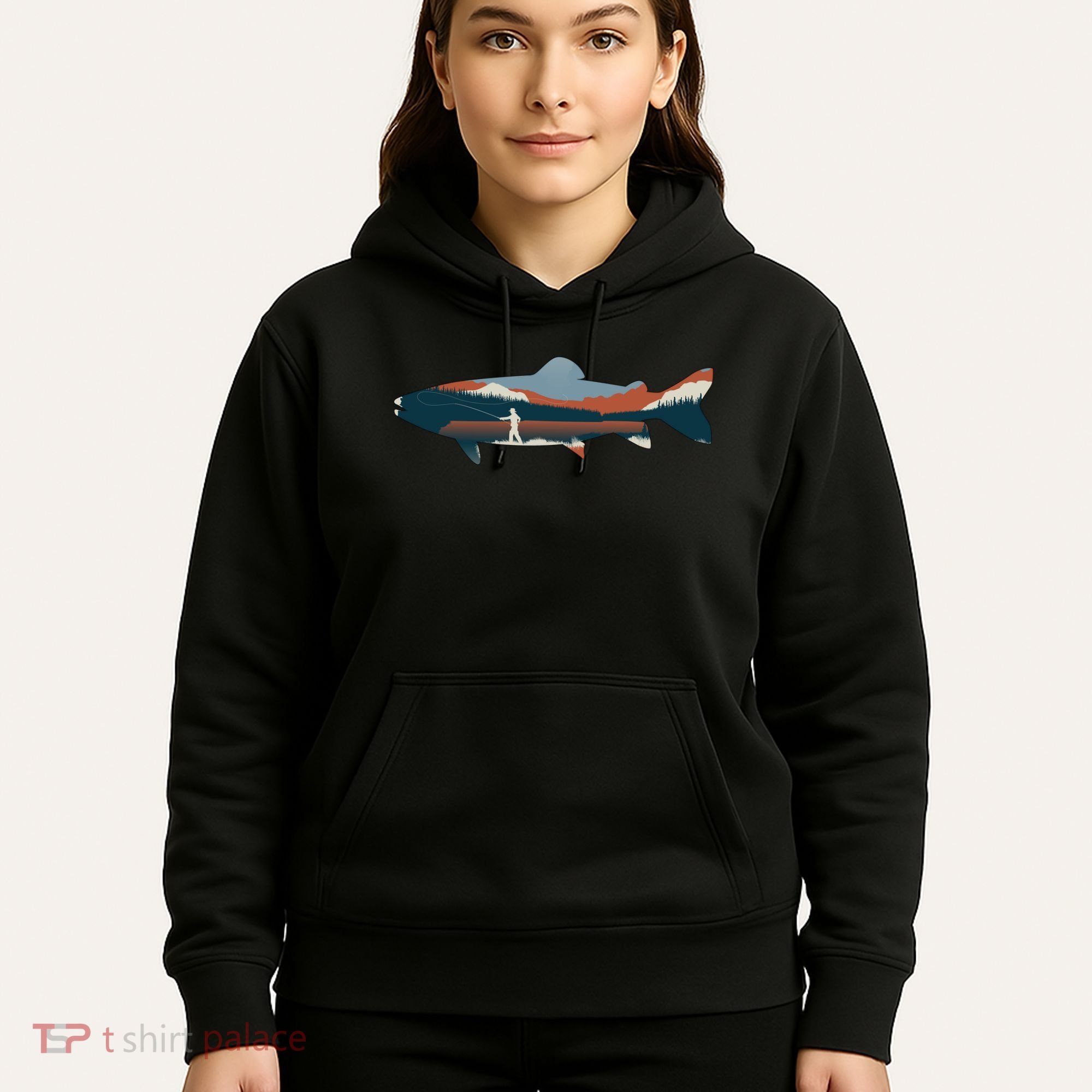 Trout Silhouette Fly Fishing Mountain Sunset Hoodie