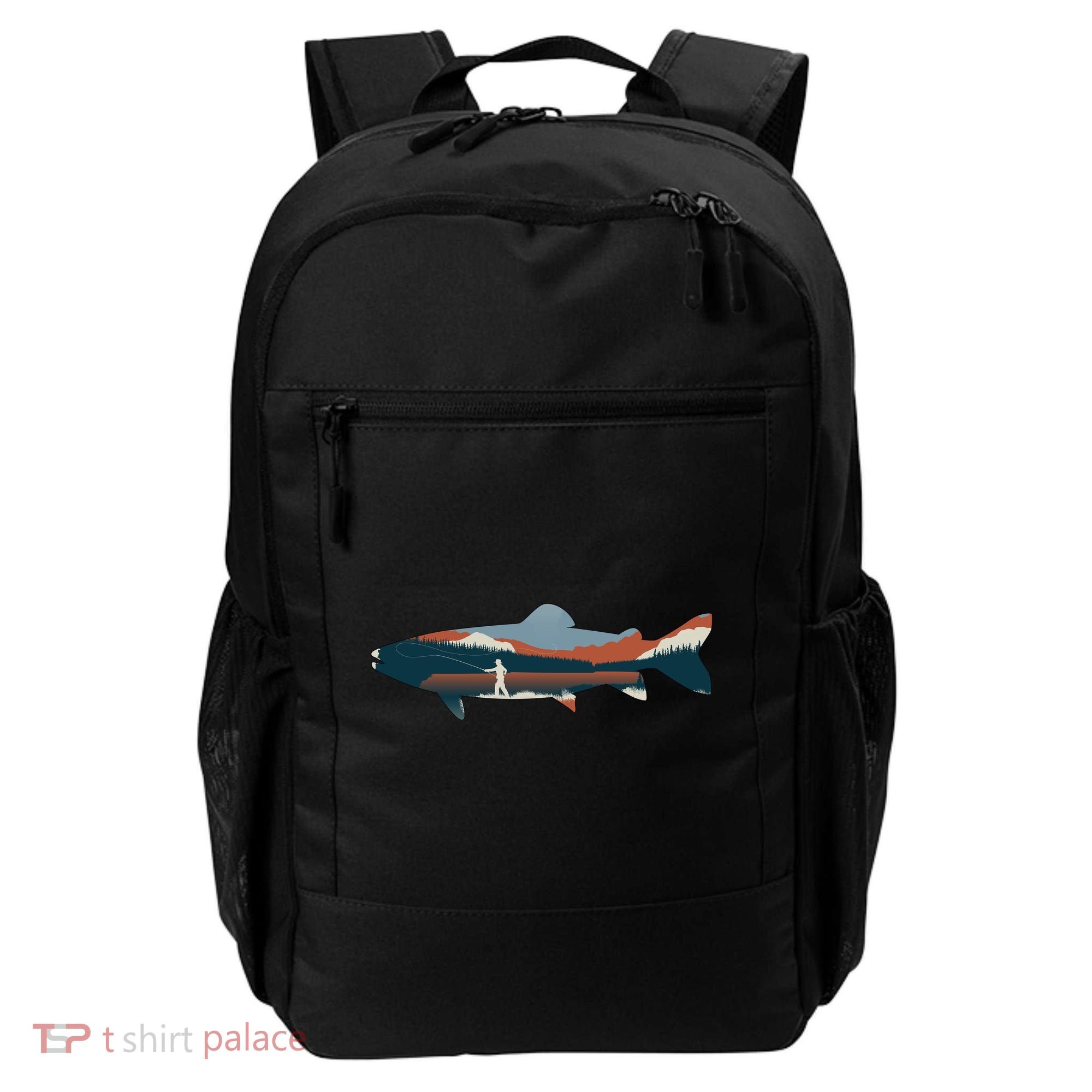 Trout Silhouette Fly Fishing Mountain Sunset Backpack