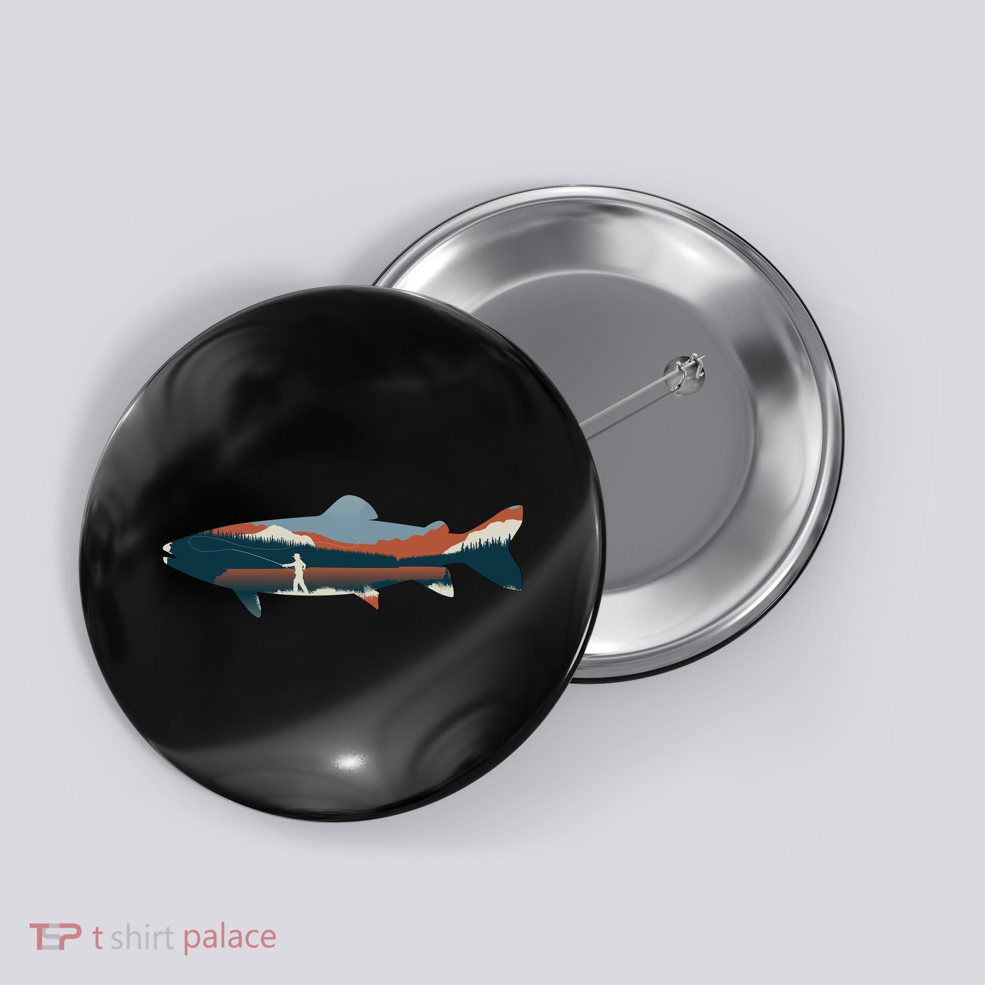 Trout Silhouette Fly Fishing Mountain Sunset Button