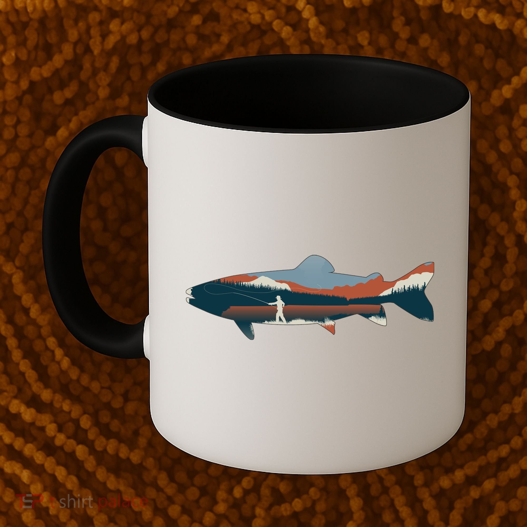 Trout Silhouette Fly Fishing Mountain Sunset Coffee Mug