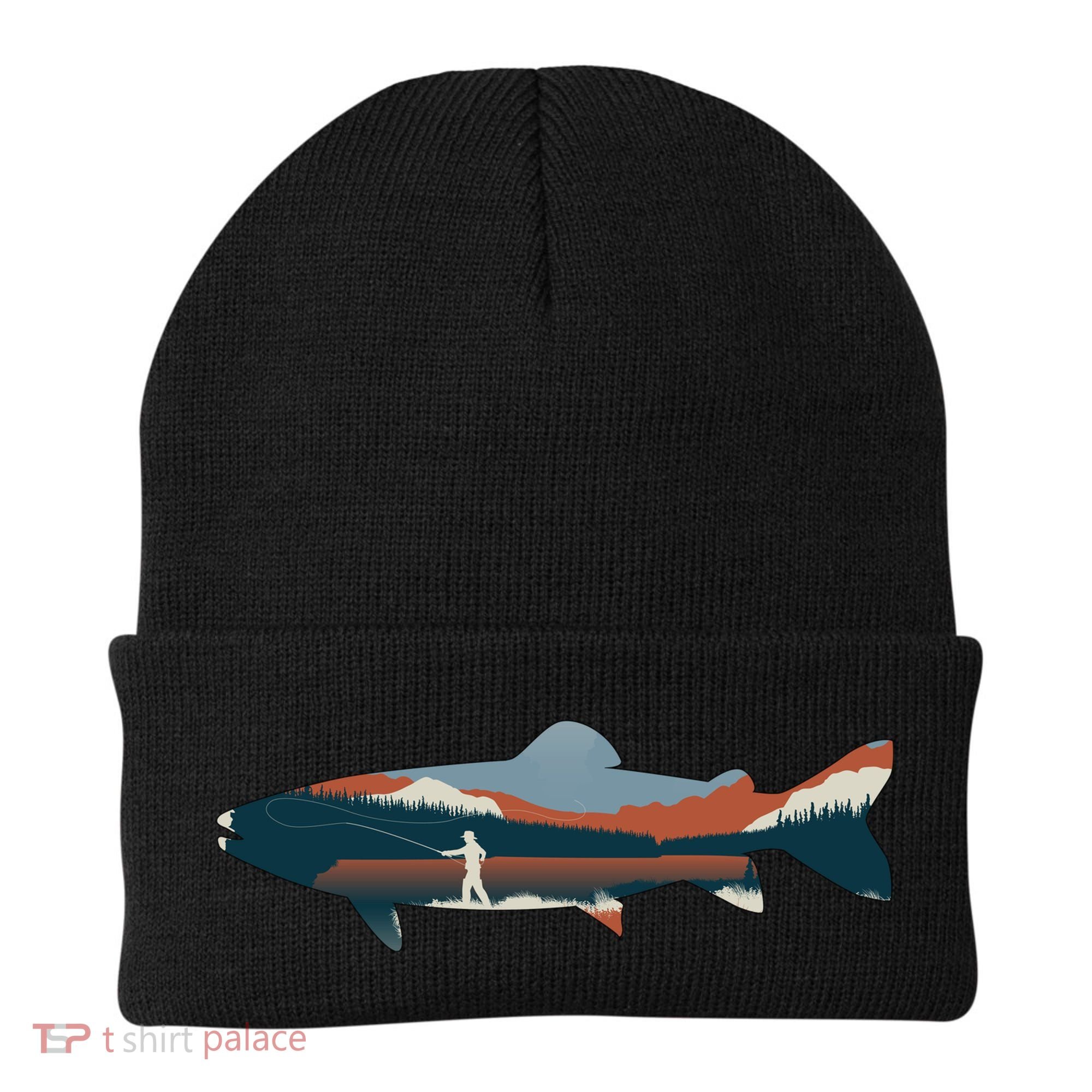 Trout Silhouette Fly Fishing Mountain Sunset Beanie