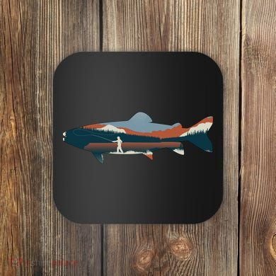 Trout Silhouette Fly Fishing Mountain Sunset Coaster