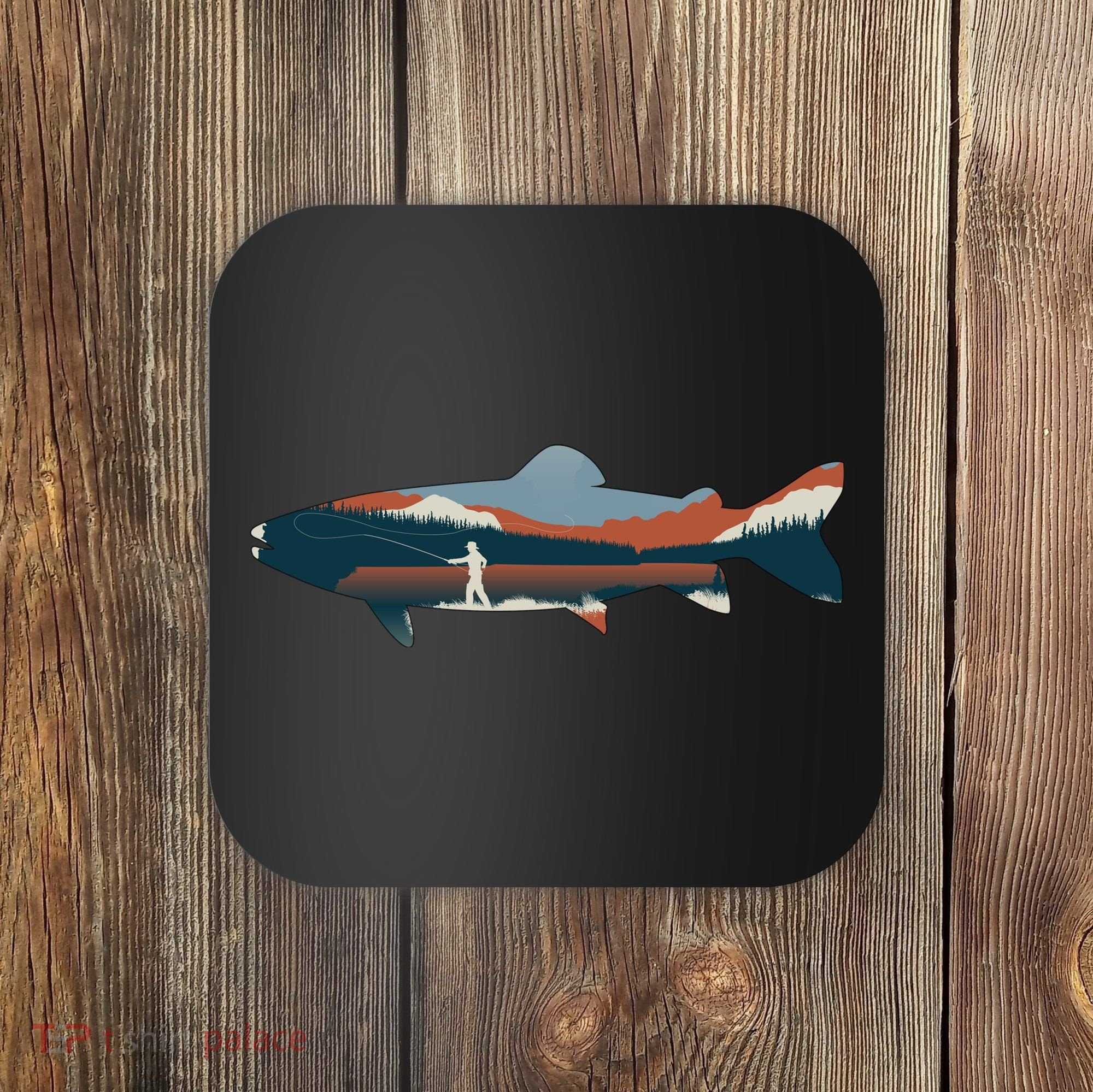 Trout Silhouette Fly Fishing Mountain Sunset Coaster