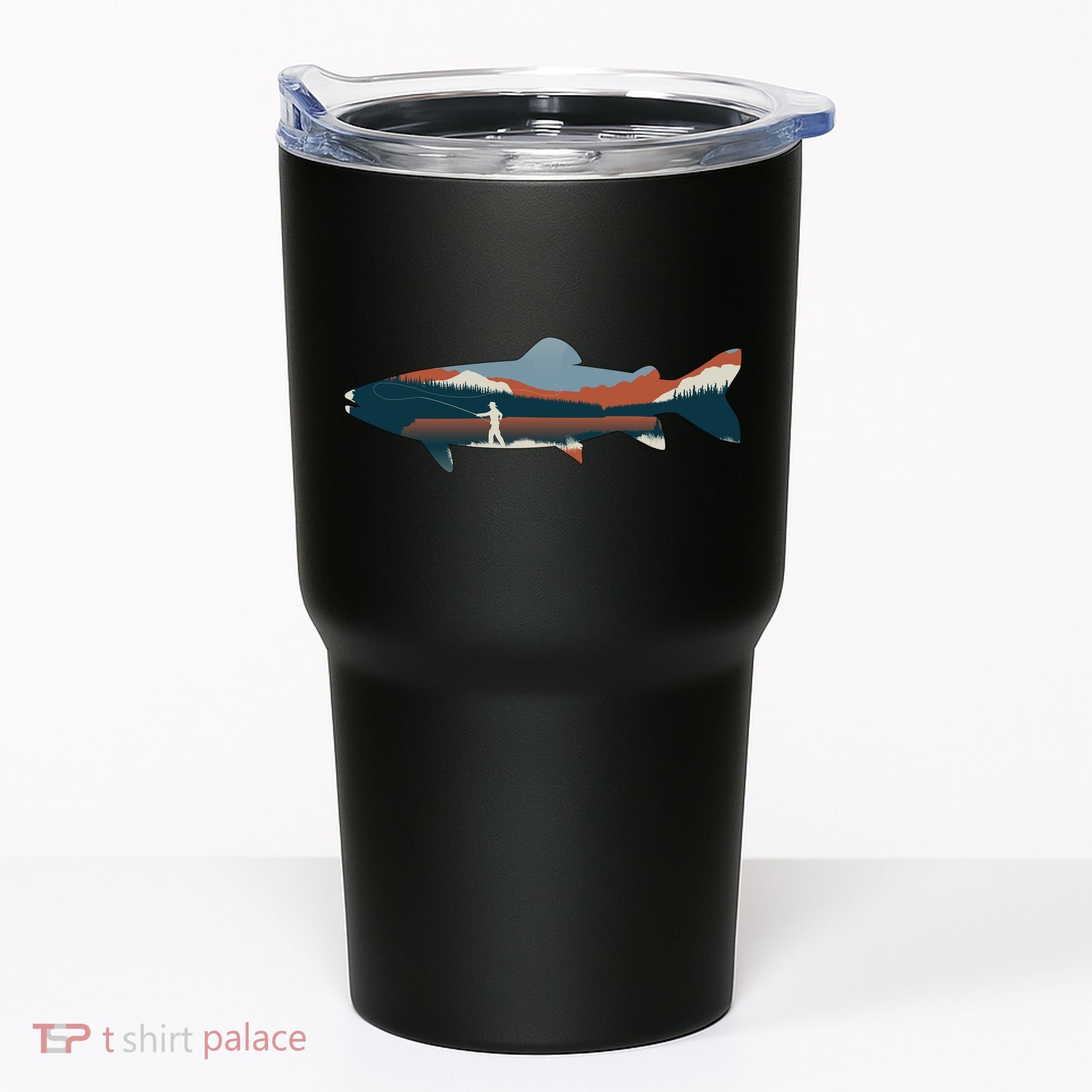 Trout Silhouette Fly Fishing Mountain Sunset Tumbler