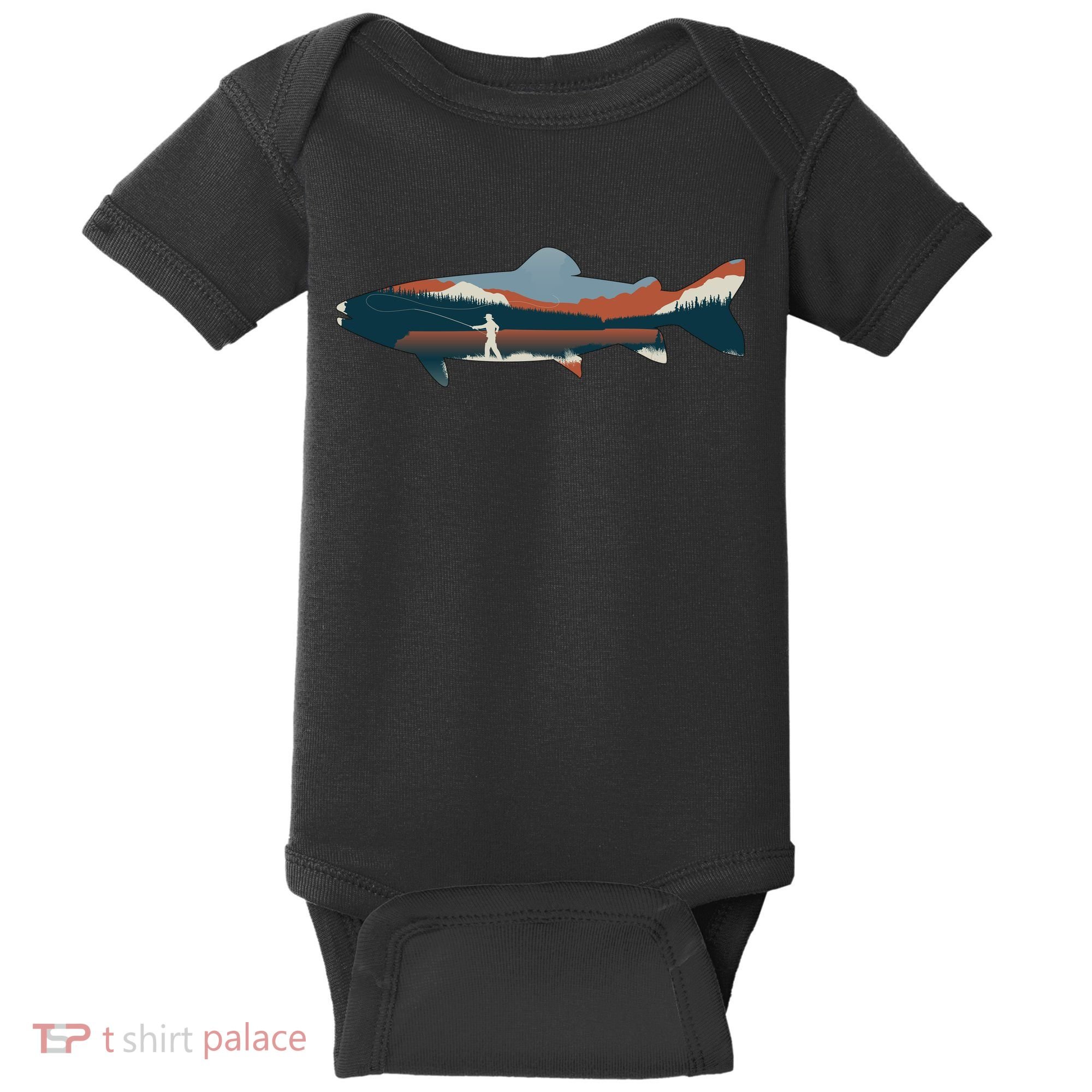 Trout Silhouette Fly Fishing Mountain Sunset Baby Bodysuit