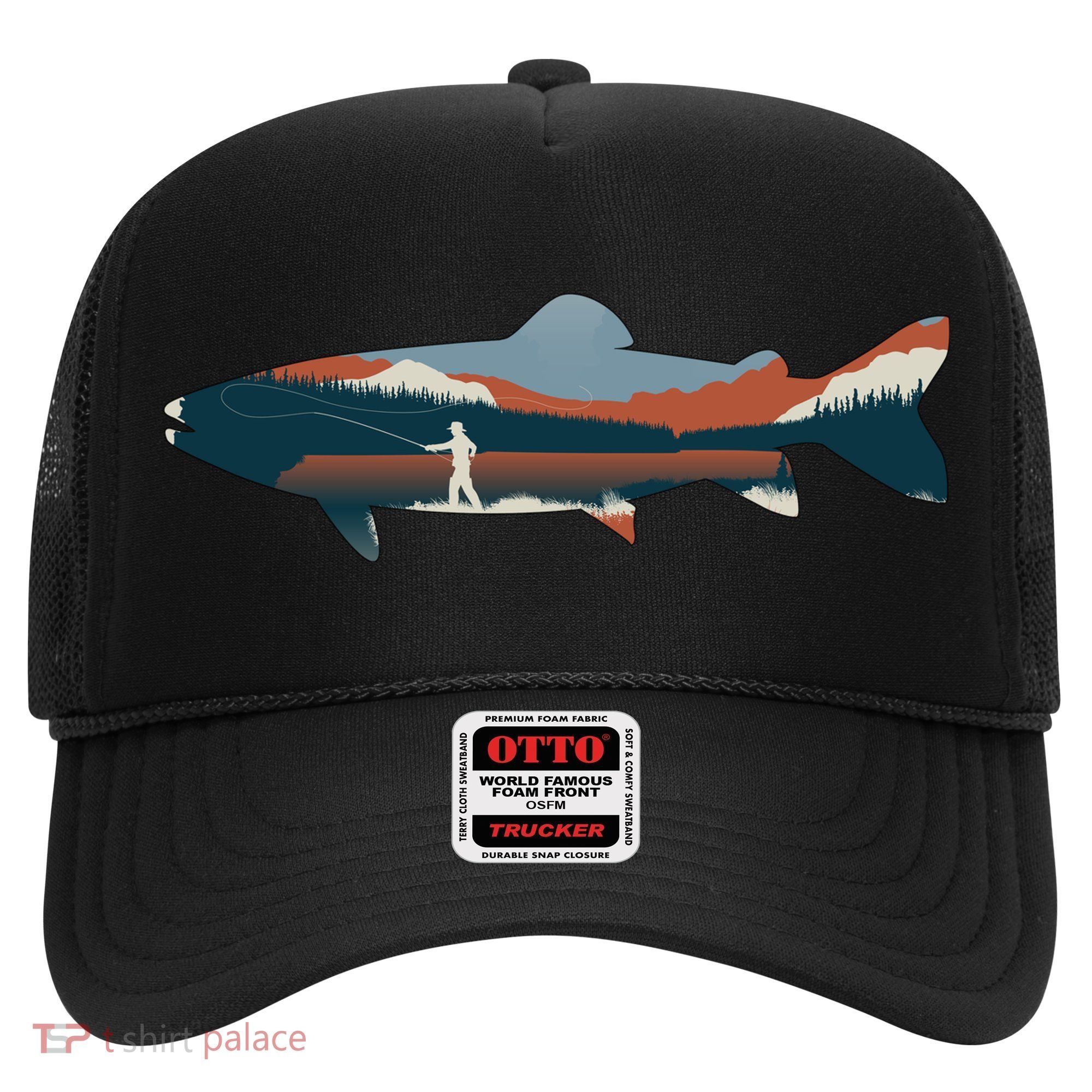 Trout Silhouette Fly Fishing Mountain Sunset Hat