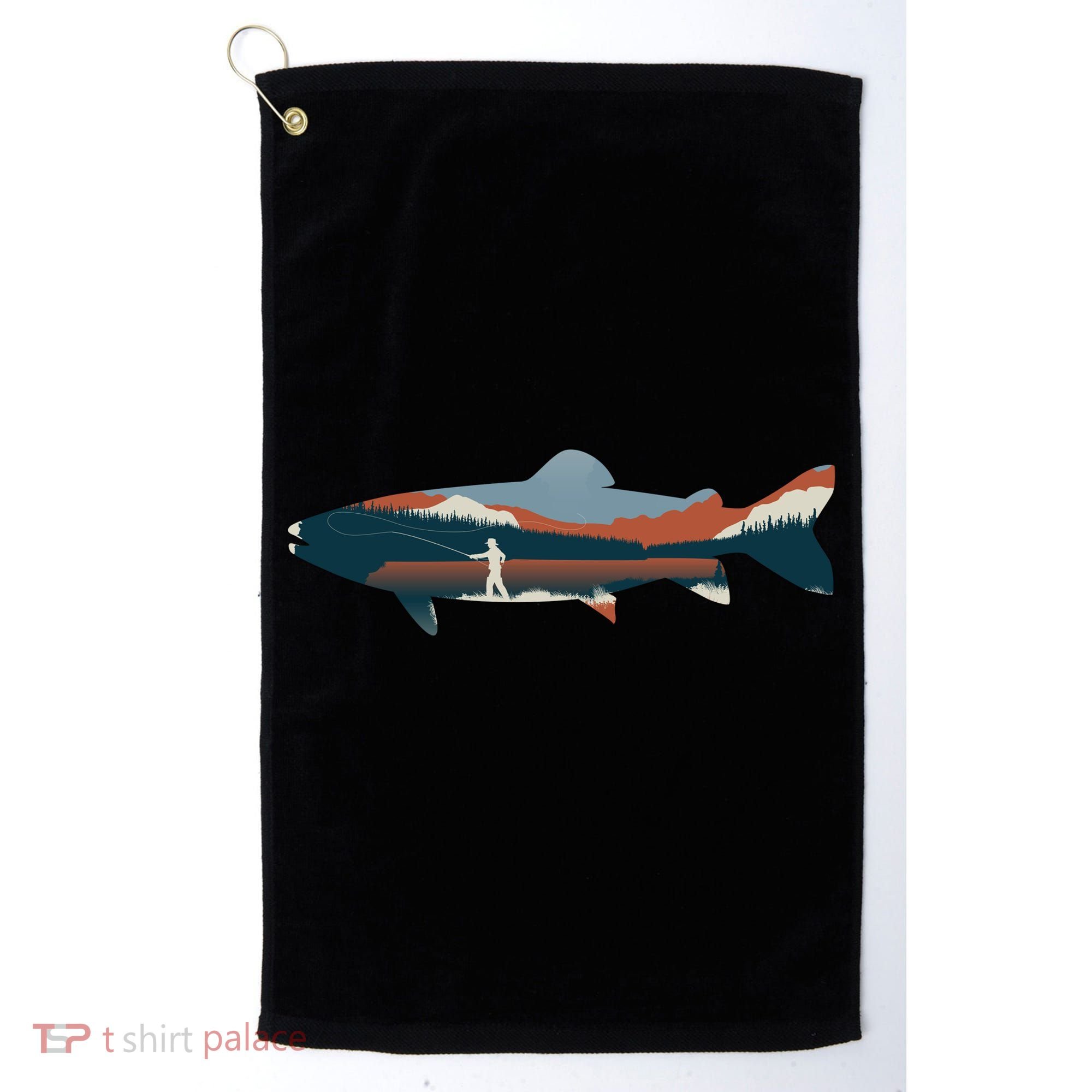 Trout Silhouette Fly Fishing Mountain Sunset Golf Towel
