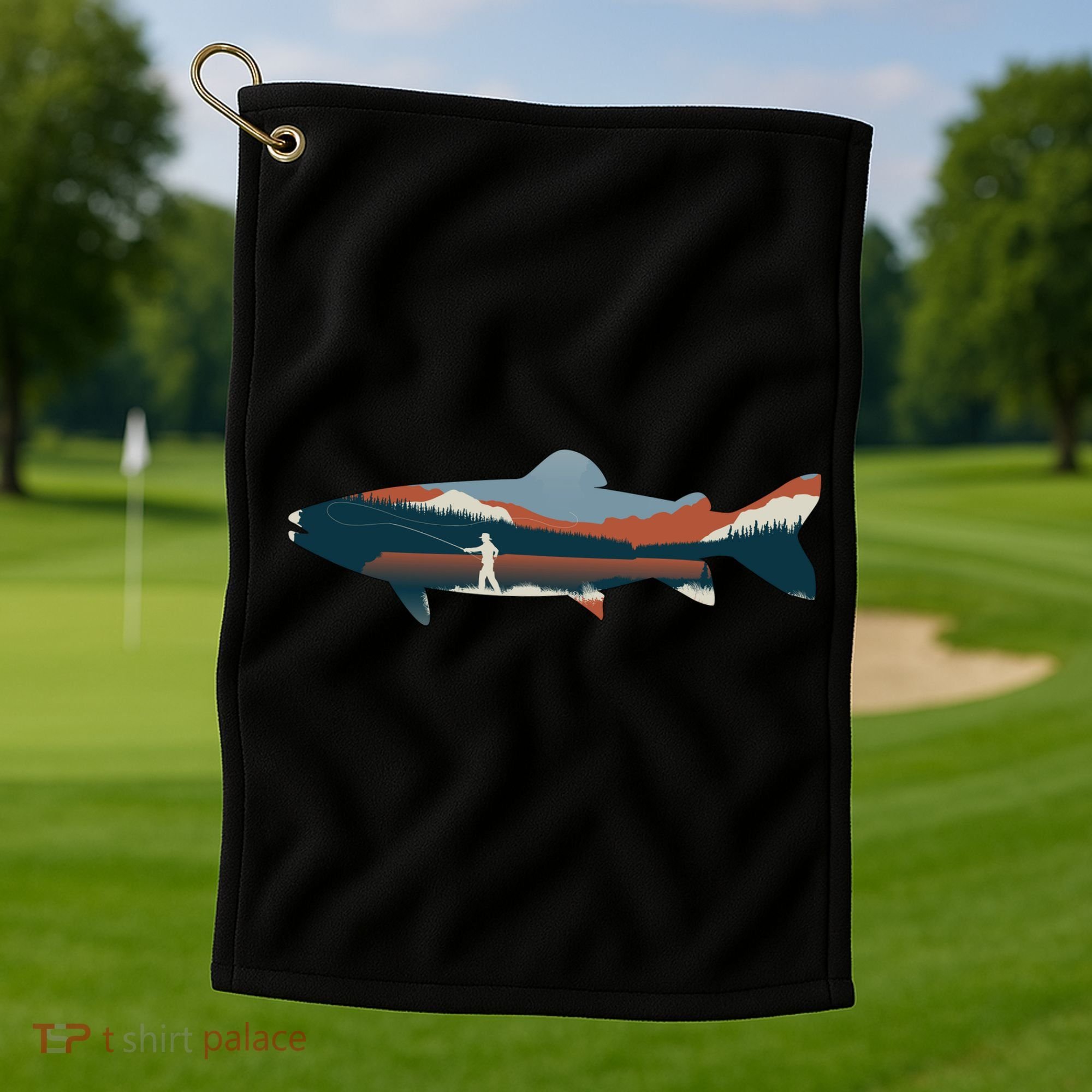 Trout Silhouette Fly Fishing Mountain Sunset Golf Towel