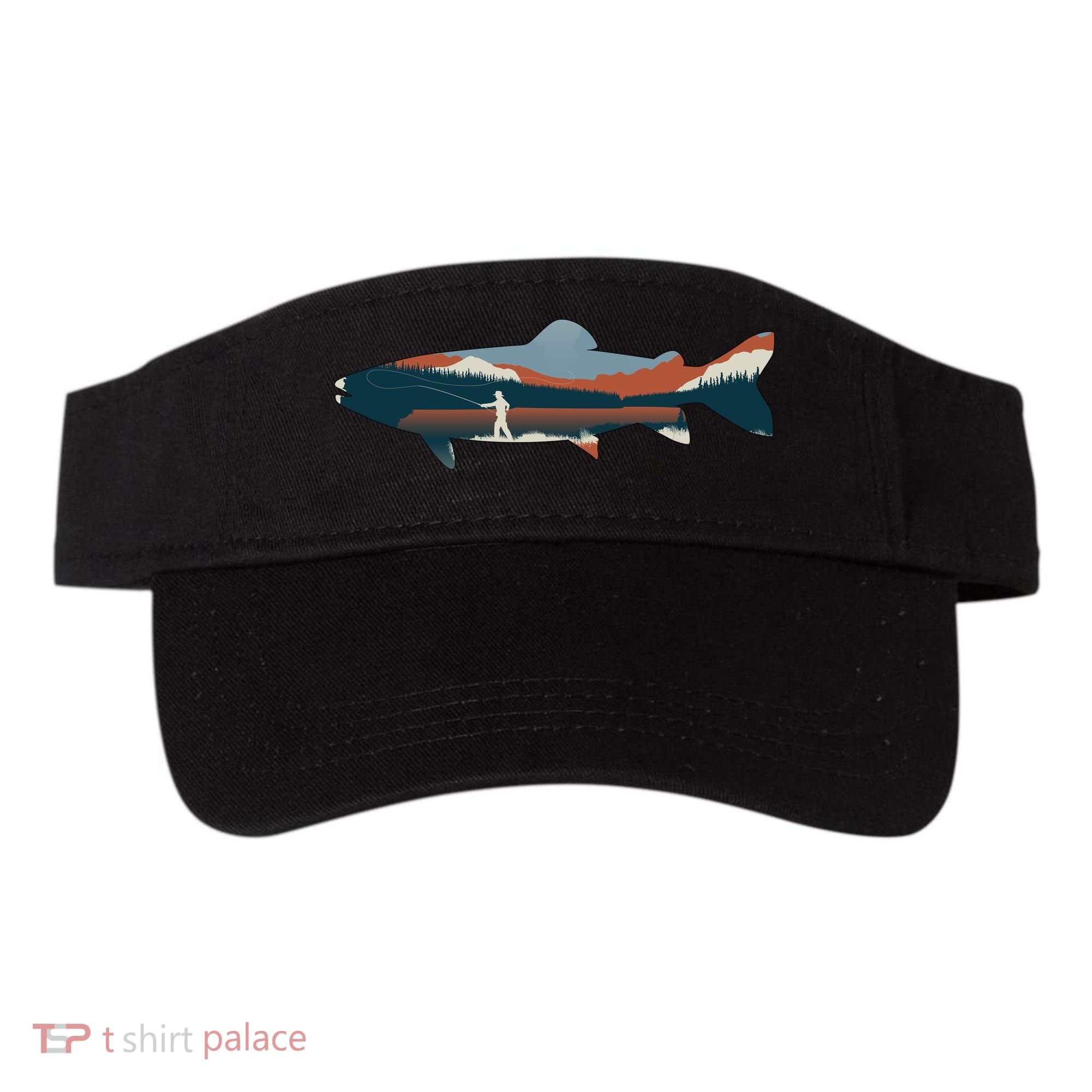 Trout Silhouette Fly Fishing Mountain Sunset Visor