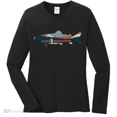 Trout Silhouette Fly Fishing Mountain Sunset Women's Long Sleeve Shirt