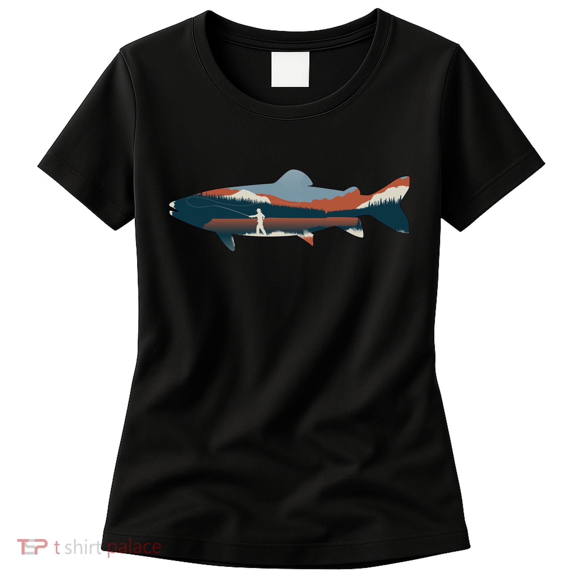 Trout Silhouette Fly Fishing Mountain Sunset Women's T-Shirt