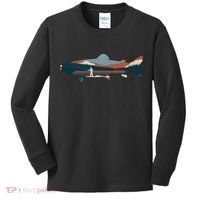 Trout Silhouette Fly Fishing Mountain Sunset Kids Long Sleeve Shirt thumb 0