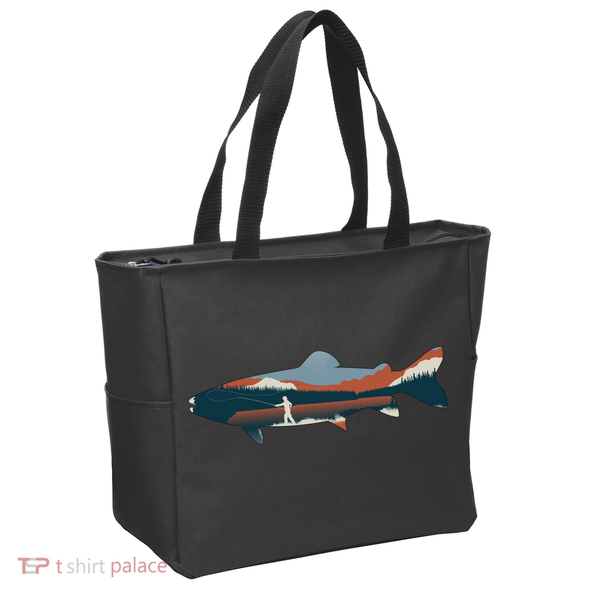 Trout Silhouette Fly Fishing Mountain Sunset Tote Bag