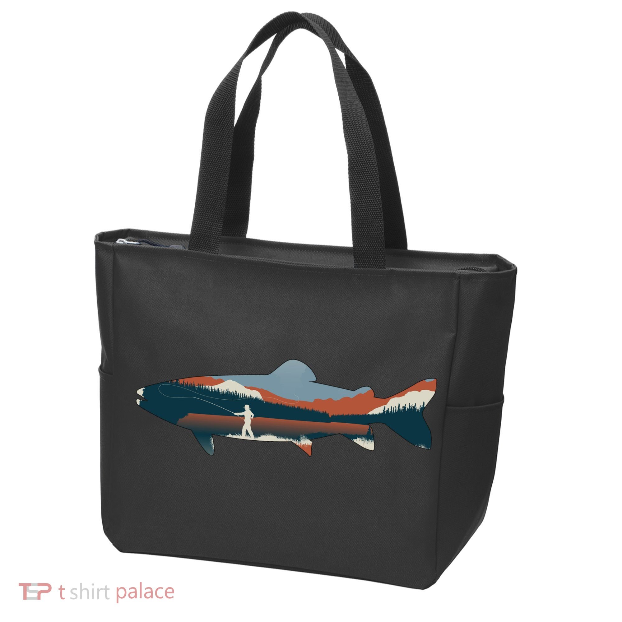 Trout Silhouette Fly Fishing Mountain Sunset Tote Bag