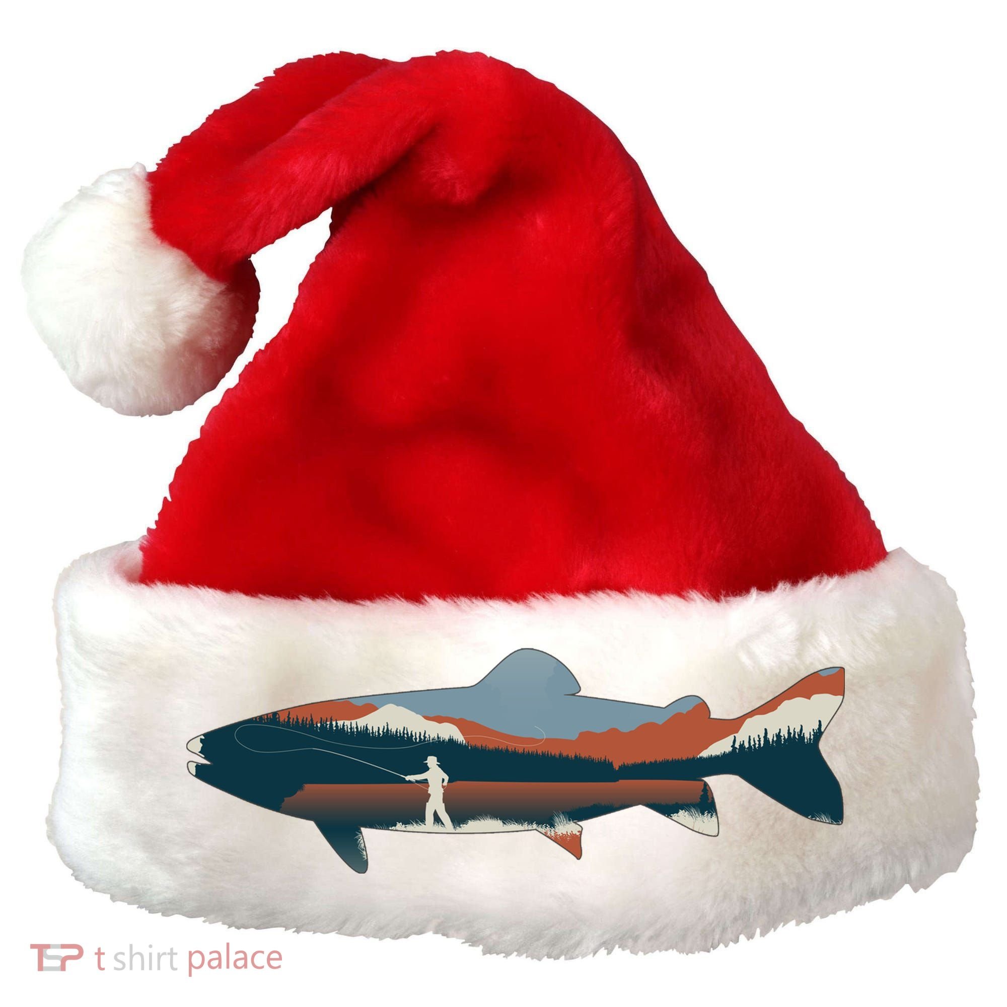 Trout Silhouette Fly Fishing Mountain Sunset Santa Hat