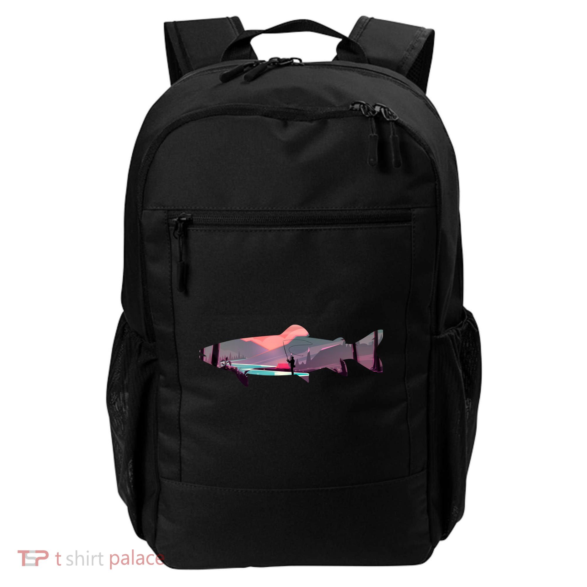 Trout Silhouette Fly Fishing Mountain Sunset River Stream Backpack