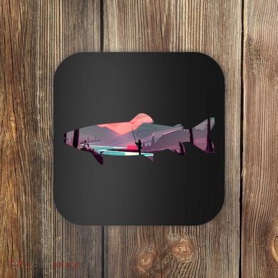 Trout Silhouette Fly Fishing Mountain Sunset River Stream Coaster
