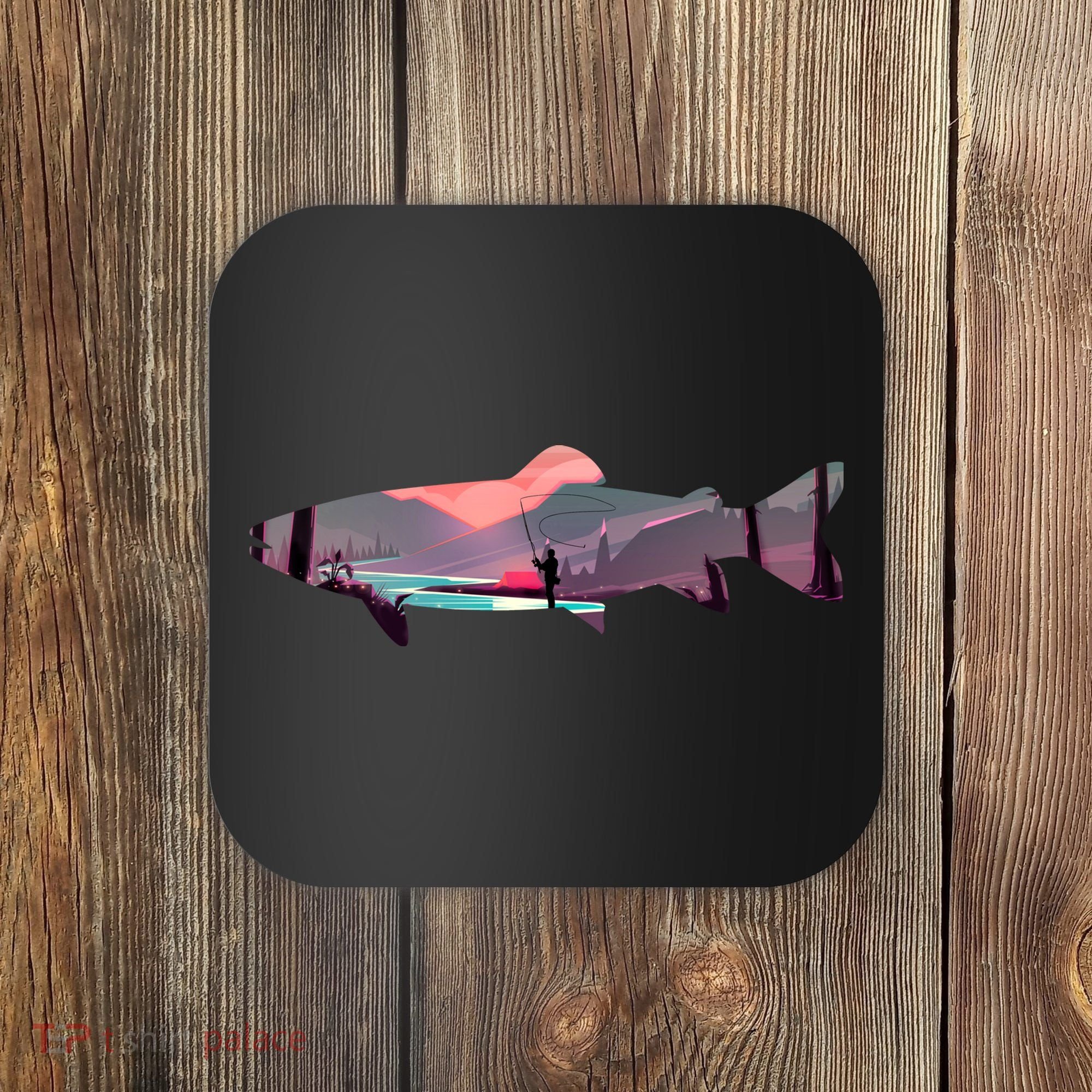 Trout Silhouette Fly Fishing Mountain Sunset River Stream Coaster