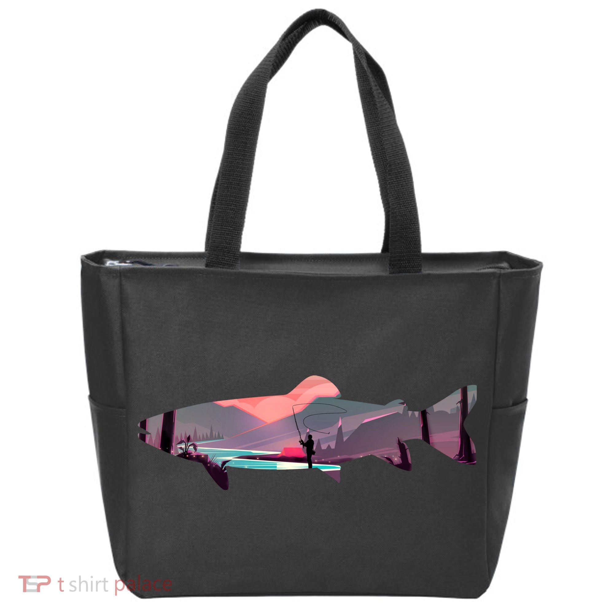 Trout Silhouette Fly Fishing Mountain Sunset River Stream Tote Bag