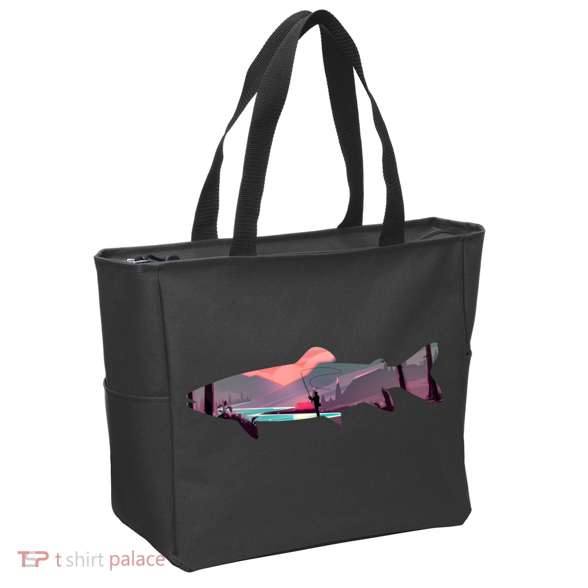 Trout Silhouette Fly Fishing Mountain Sunset River Stream Tote Bag