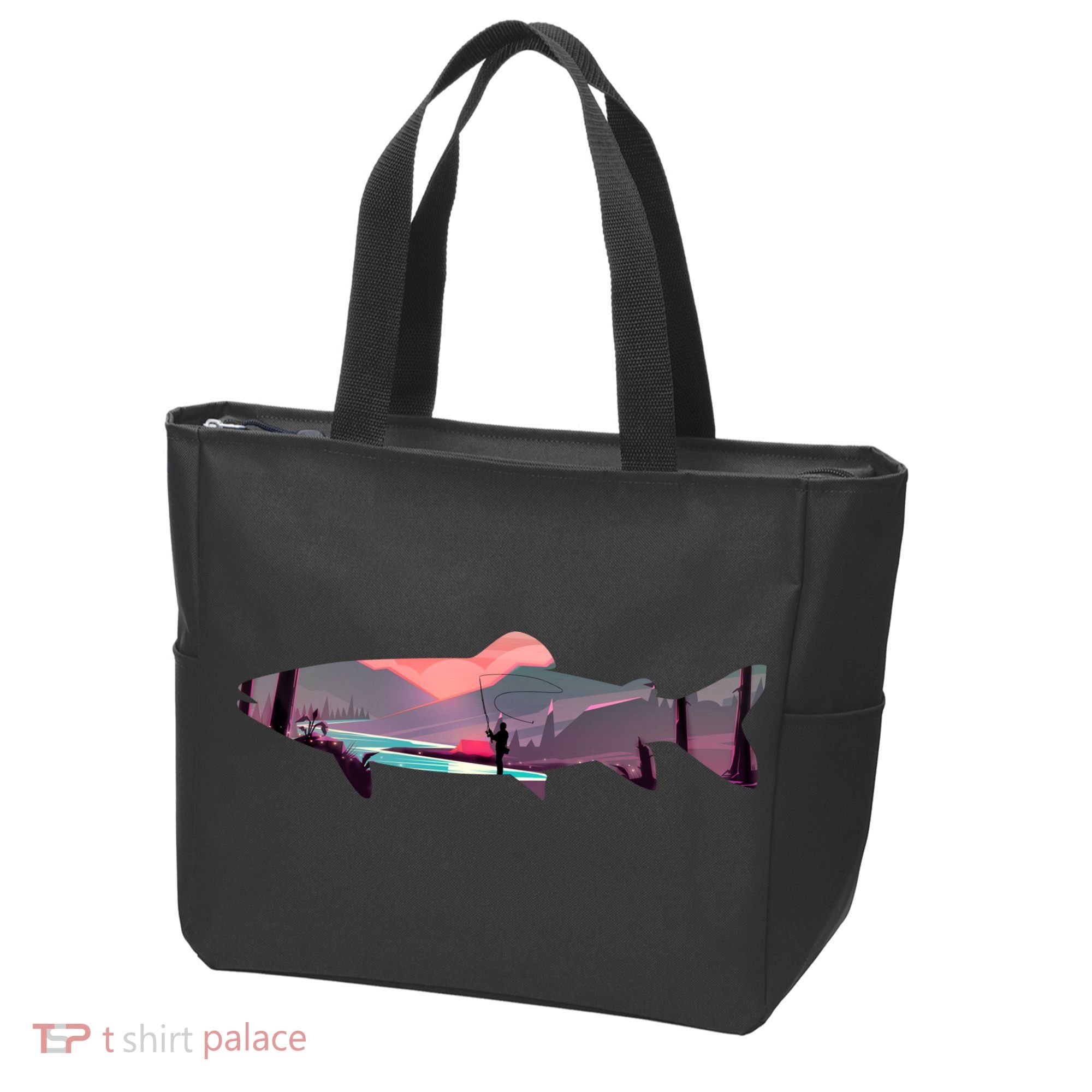 Trout Silhouette Fly Fishing Mountain Sunset River Stream Tote Bag