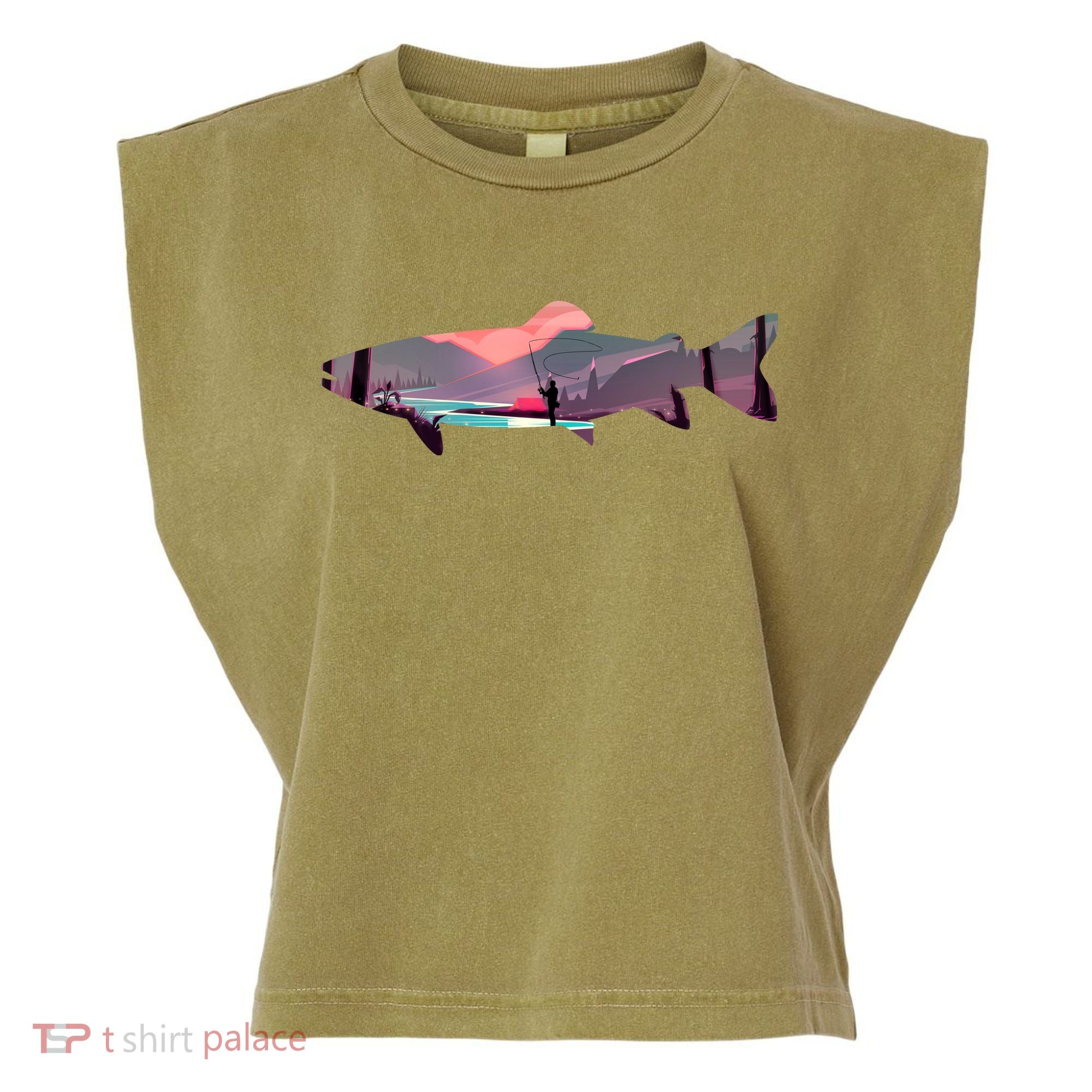 Trout Silhouette Fly Fishing Mountain Sunset River Stream Garment-Dyed Women's Muscle Tee